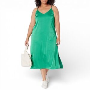 The Drop Ana Slip Dress‎ Emerald Green Midi Spaghetti Strap Side Slit 2X